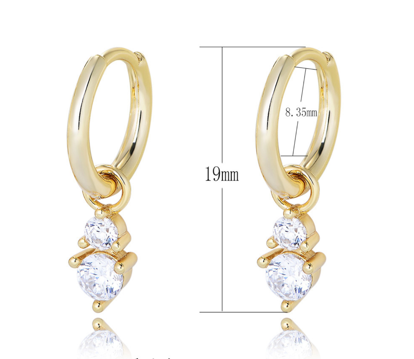 Gold huggie hoop earrings with crystal drops showing 19mm total length and 8.35mm hoop diameter measurements
