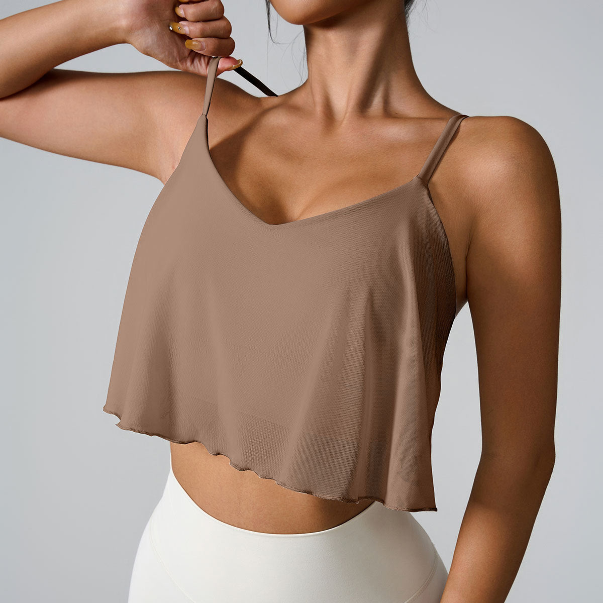 Cocoa brown cropped camisole with adjustable straps and flowy overlay design