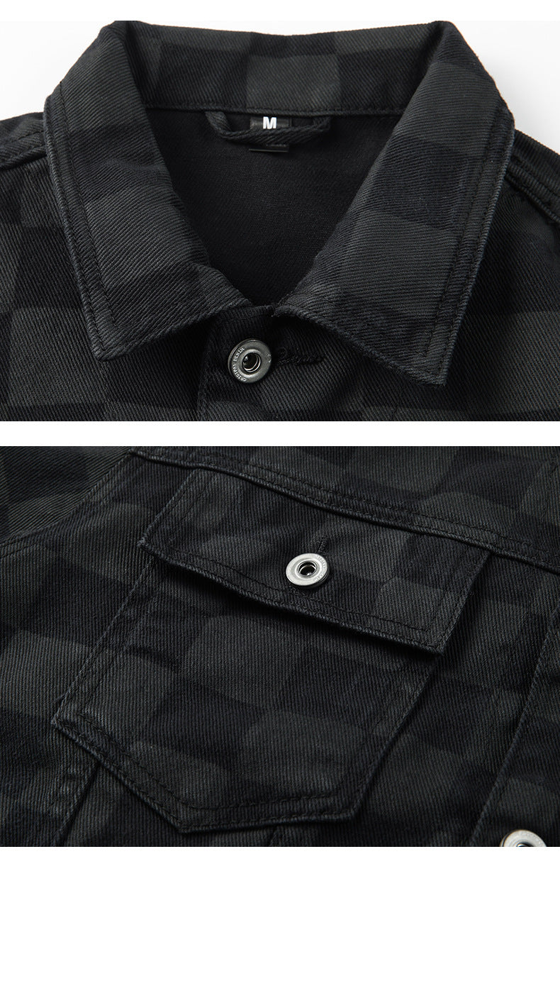 Close-up detail of jacket collar and chest pocket with metal button closure