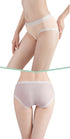 Two views of seamless briefs on mannequin - coral brief from side angle and light nude brief from back, with mint green decorative borders