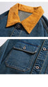 Detail shots of brown corduroy collar and chest pocket with metal button on denim jacket