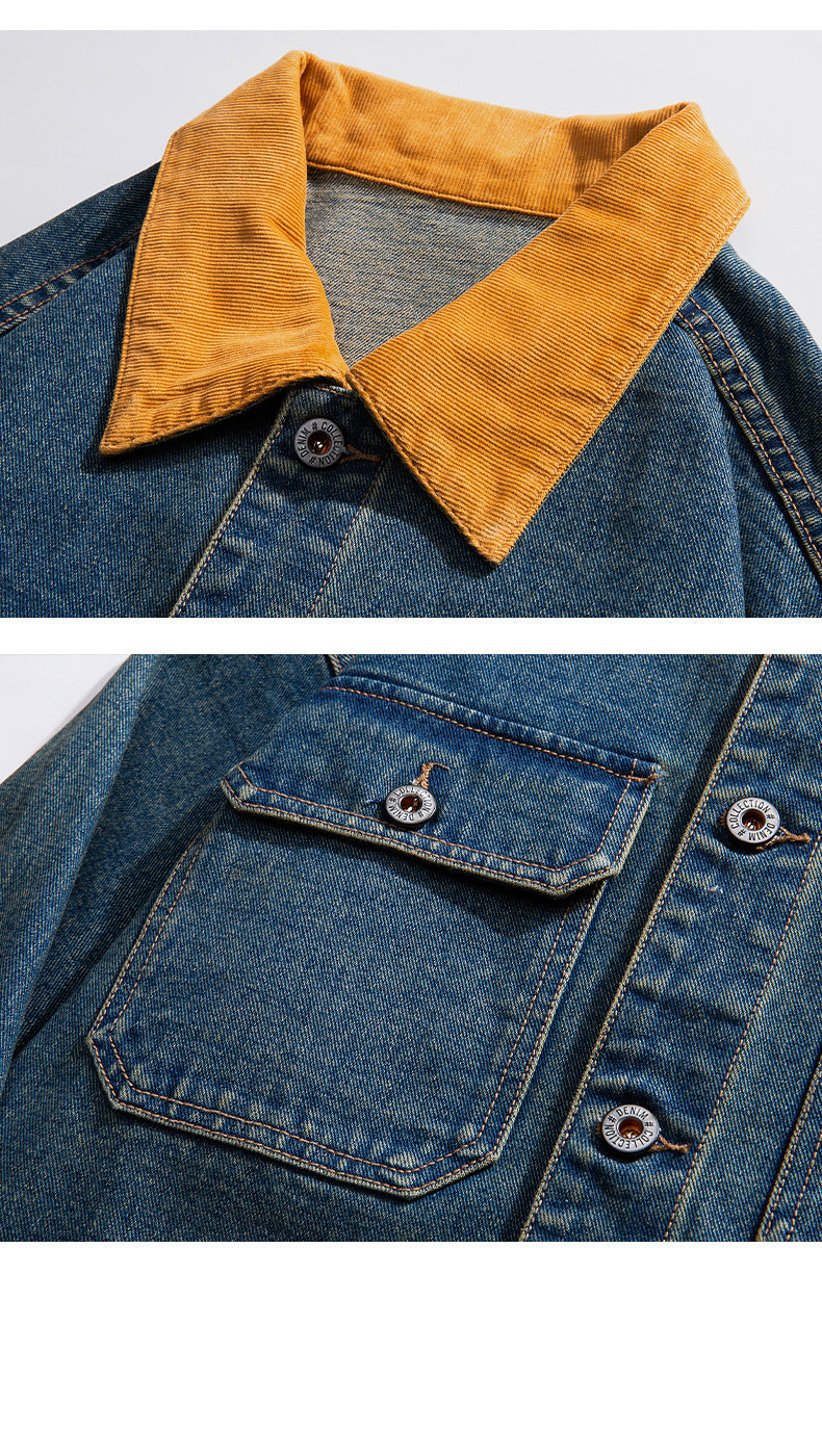 Detail shots of brown corduroy collar and chest pocket with metal button on denim jacket