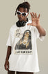 A model wearing white sunglasses and white graphic t-shirt with raised hand gesture. Features black headphones, dreadlocks, and gold ring