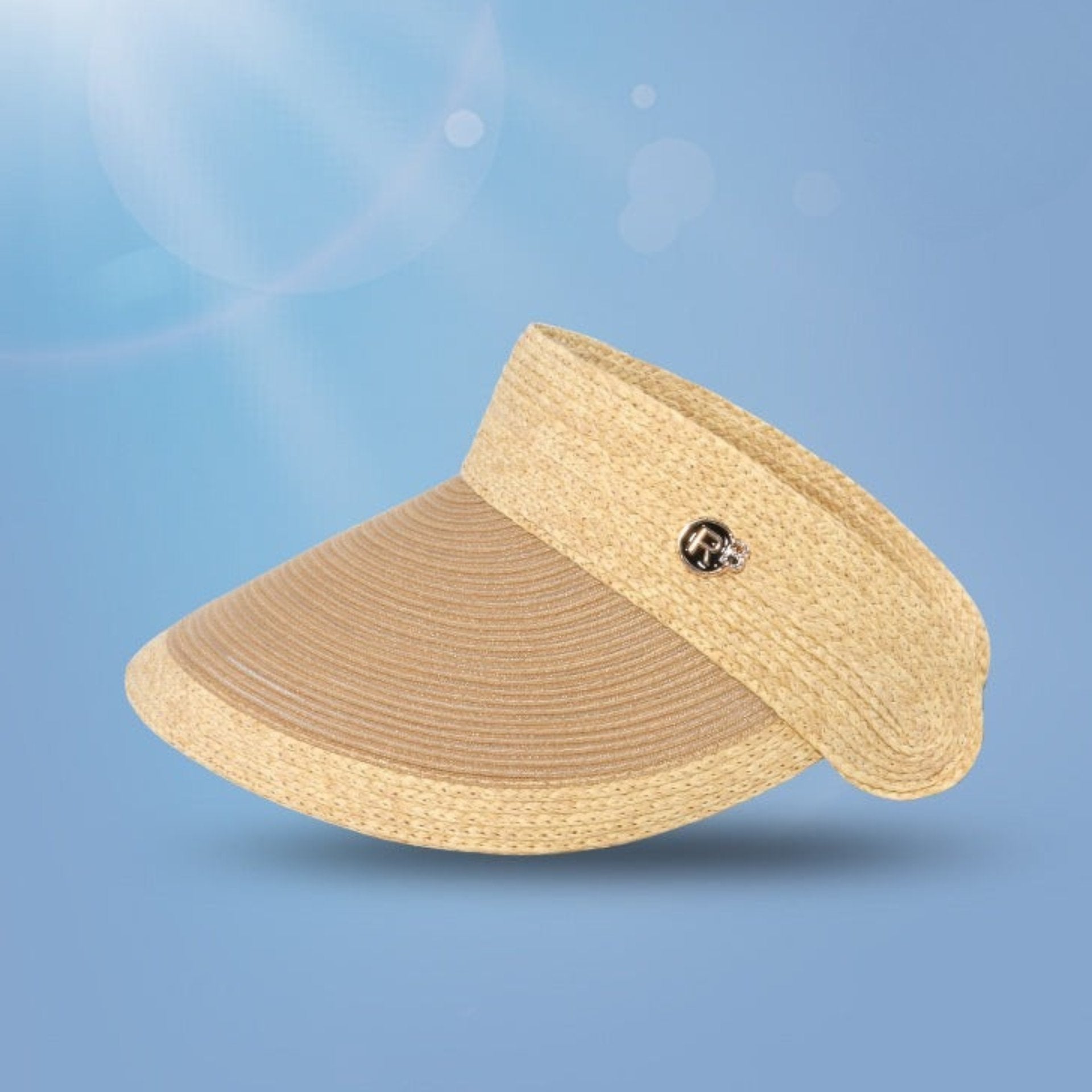 A beige stylish woven straw visor with a UV protection badge, designed for sun coverage and outdoor wear.