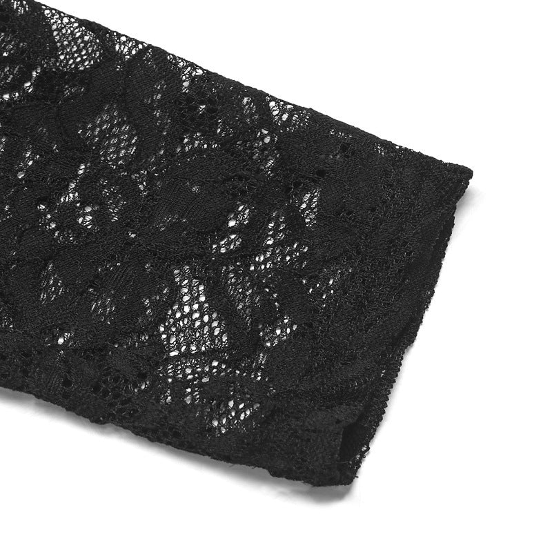 Detailed view of a black lace sleeve with a delicate floral pattern.