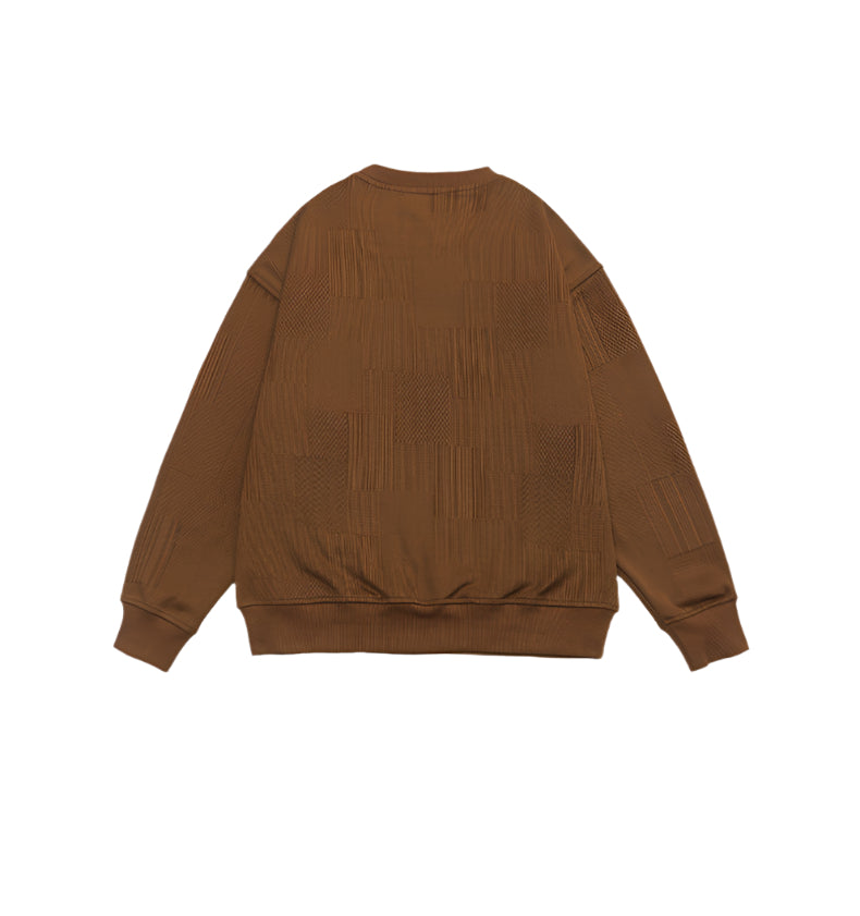 Back view of brown textured sweatshirt showing geometric jacquard pattern