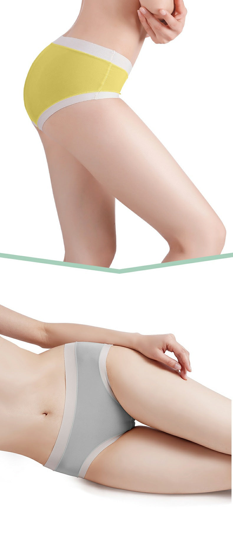 Two modeling shots showing yellow brief from side angle and gray brief from reclining position, with mint green decorative borders