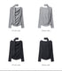 Product layout showing front and back views of draped tops in gray and black colorways