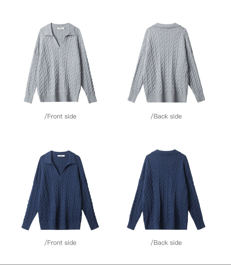 Cable knit V-neck sweater in grey and navy colorways, shown from front and back. Classic polo collar design with all-over cable pattern.