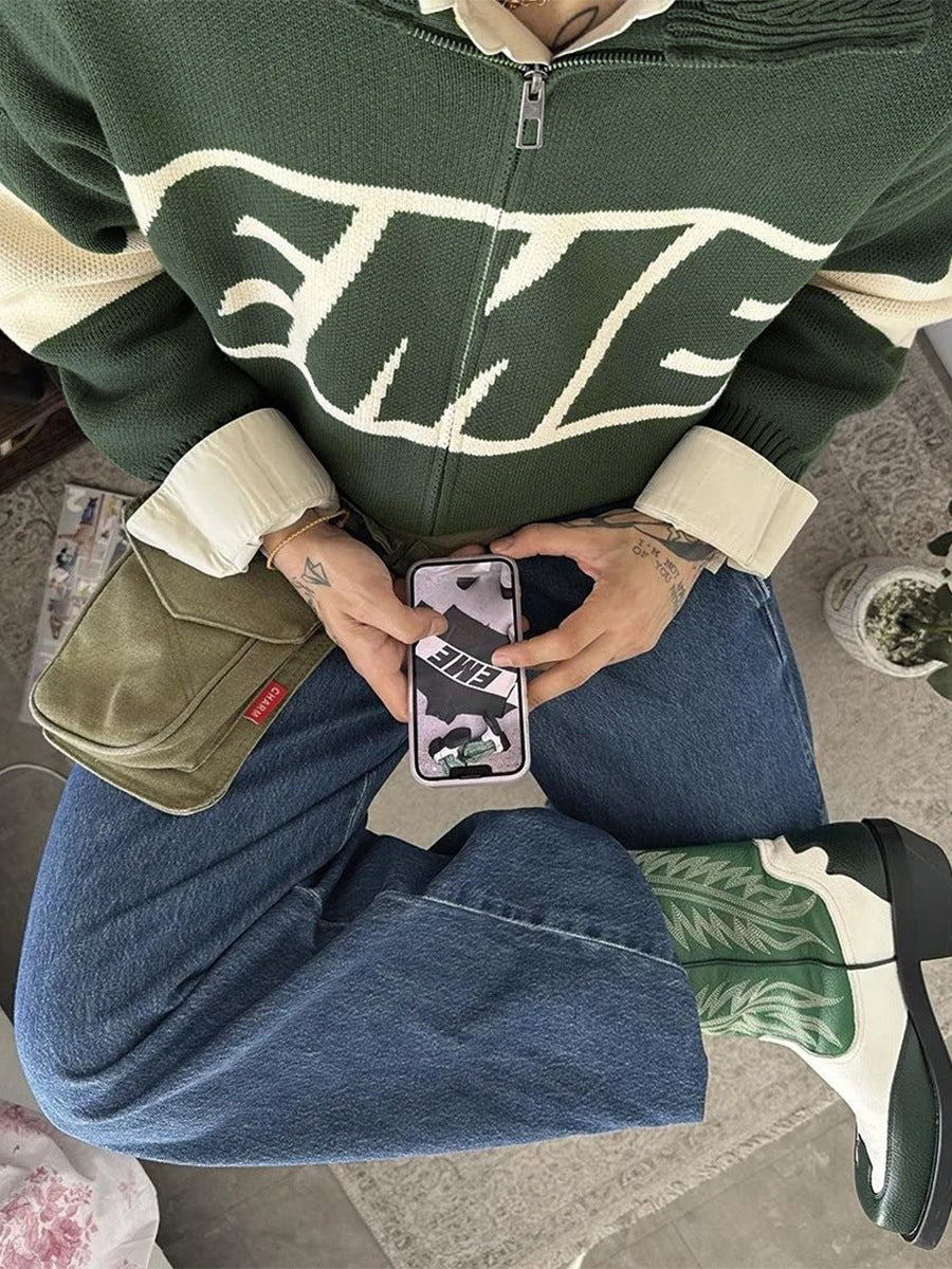 Retro Jacquard Letter Zip Up Sweater – Sporty Colorblock Knit Cardigan