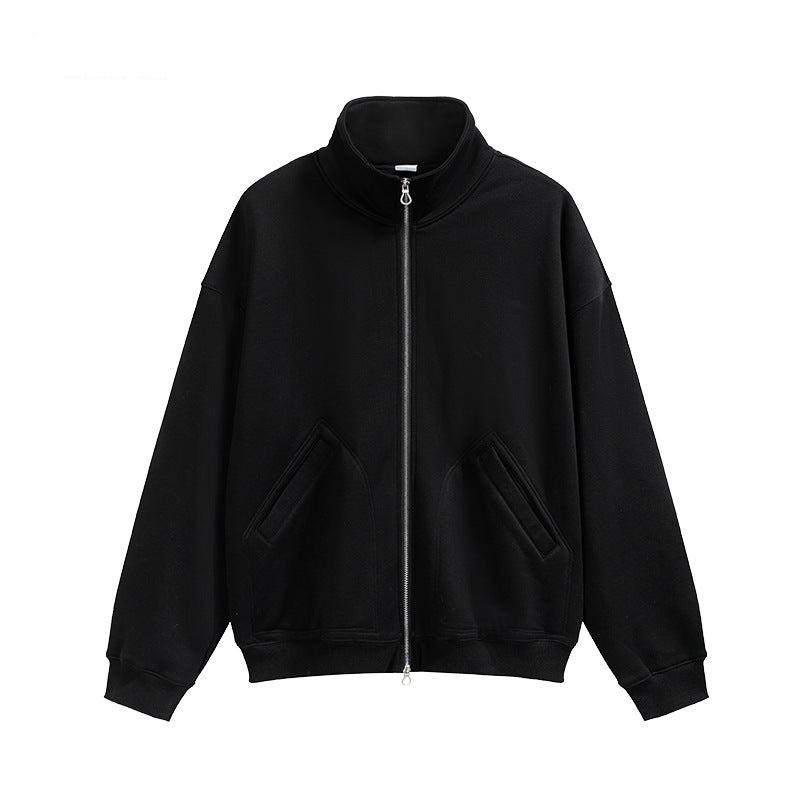 Black track jacket version featuring identical clean design and silver hardware