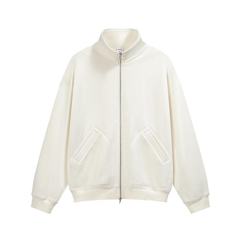 Product shot of white track jacket laid flat showing full design with side pockets