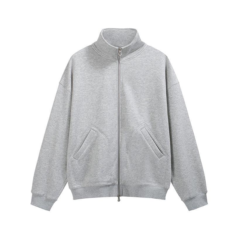 Heather gray track jacket with same minimalist design and silver zipper closure