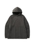 A black oversized hoodie with raglan sleeves and a front pocket displayed flat against a white background
