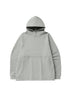 A light gray oversized hoodie with raglan sleeves and a front pocket displayed flat against a white background
