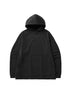 A dark gray oversized hoodie with raglan sleeves and a front pocket displayed flat against a white background