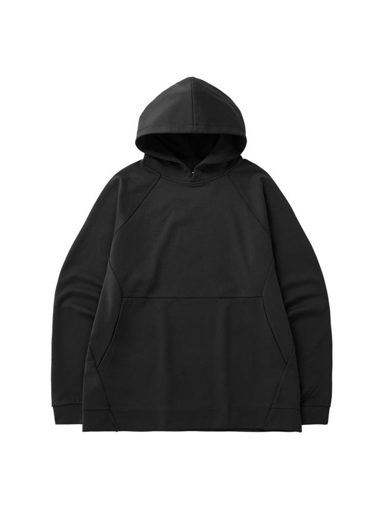 A dark gray oversized hoodie with raglan sleeves and a front pocket displayed flat against a white background