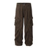 Brown cargo pants by Titan Brand featuring wide-leg design, multiple side pockets, and pleated front detail on white background