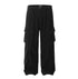 Black wide-leg cargo pants with utility pockets, front pleats, and relaxed fit shown flat against white background