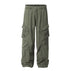 Olive green cargo pants with wide legs, side utility pockets, and pleated front styling displayed on white background
