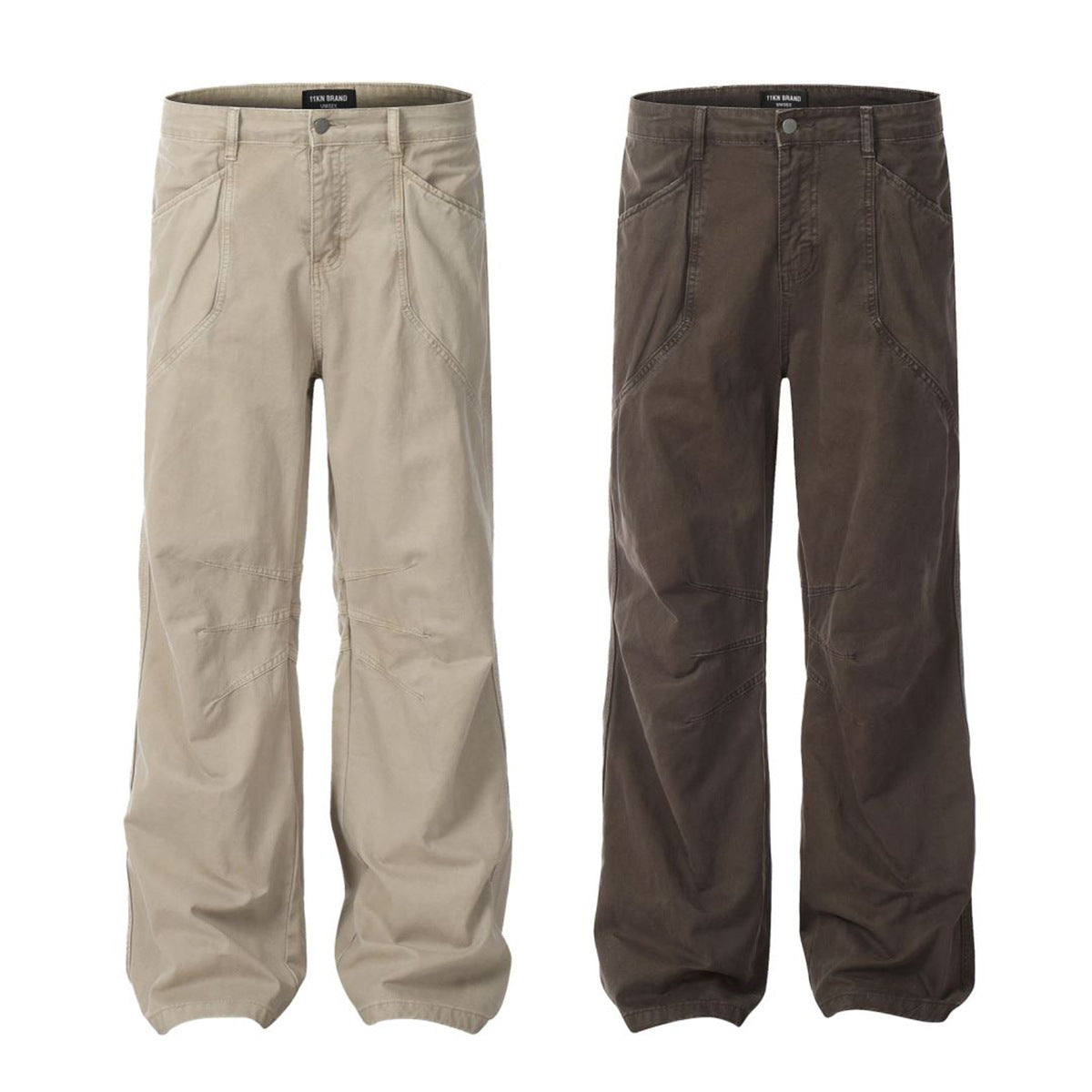 Side-by-side comparison of khaki and dark brown wide-leg utility pants by ITKN, showing seam details on white backdrop