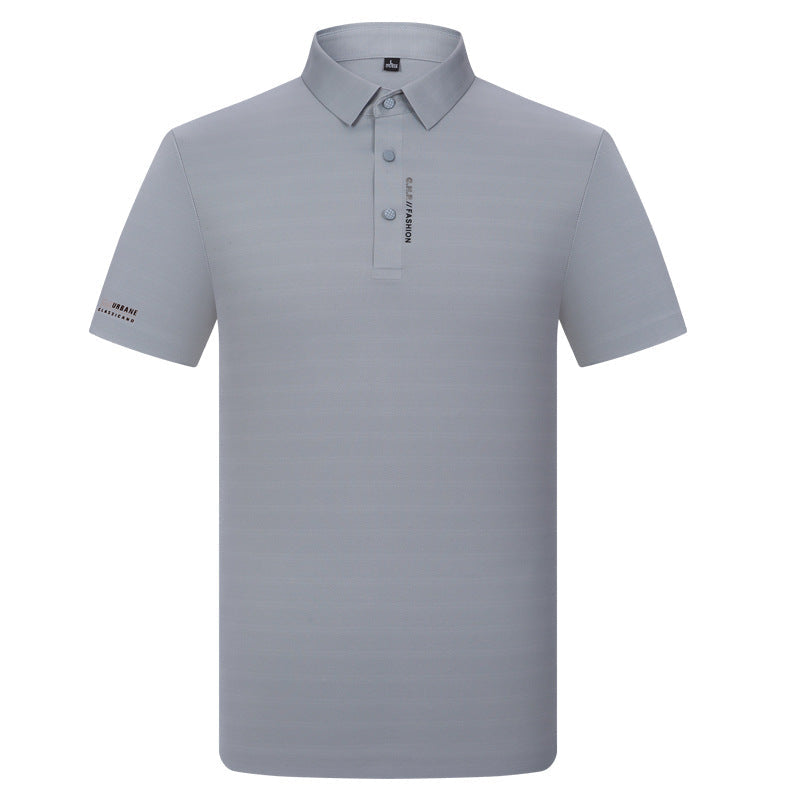 Light gray men's polo shirt with clean design, featuring short sleeves and vertical G.N.R. FASHION branding on placket