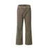 Flat lay of olive-brown wide-leg pants from TTSN BRAND featuring silver button closure, five-pocket styling, and relaxed fit