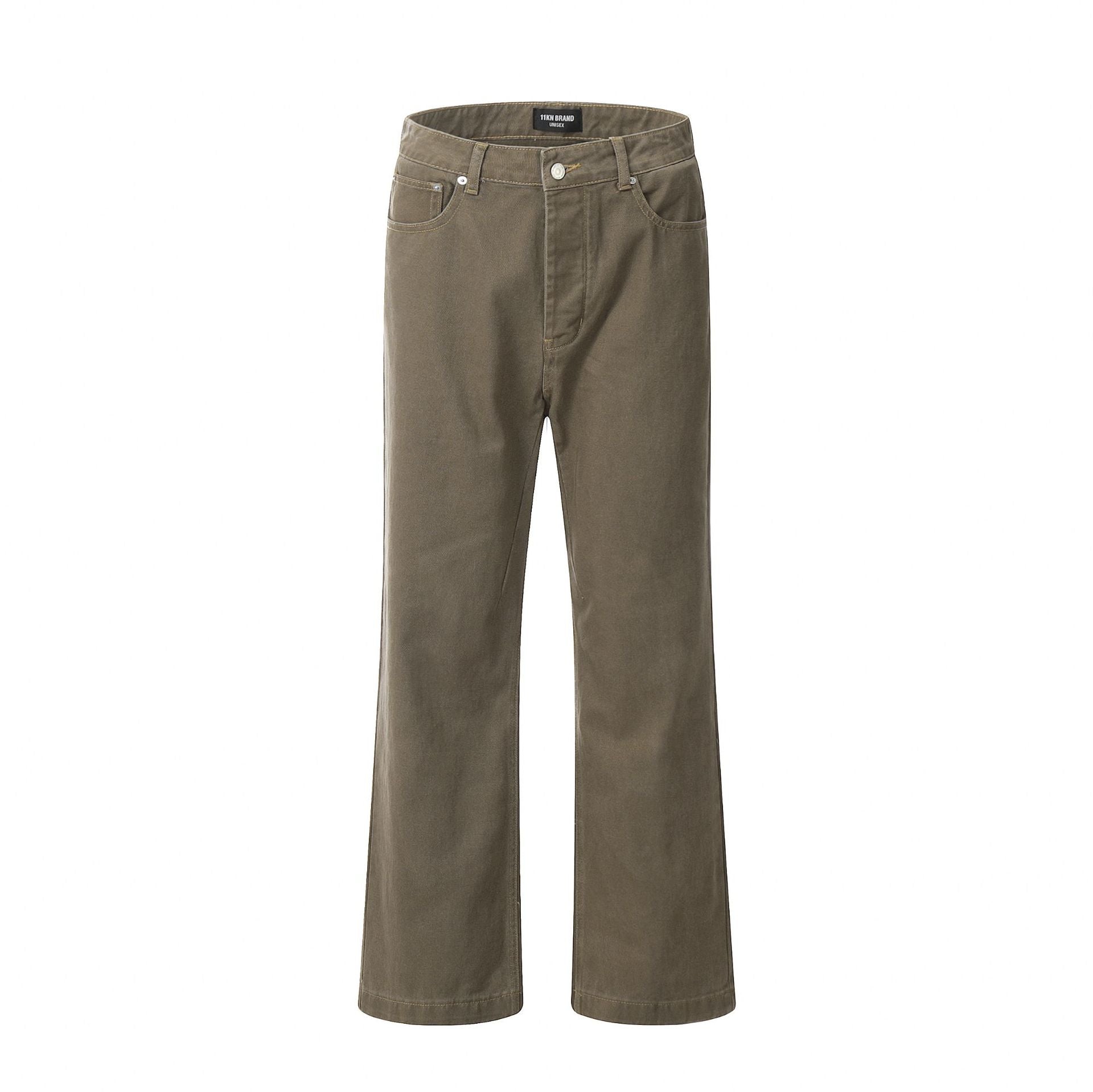 Flat lay of olive-brown wide-leg pants from TTSN BRAND featuring silver button closure, five-pocket styling, and relaxed fit