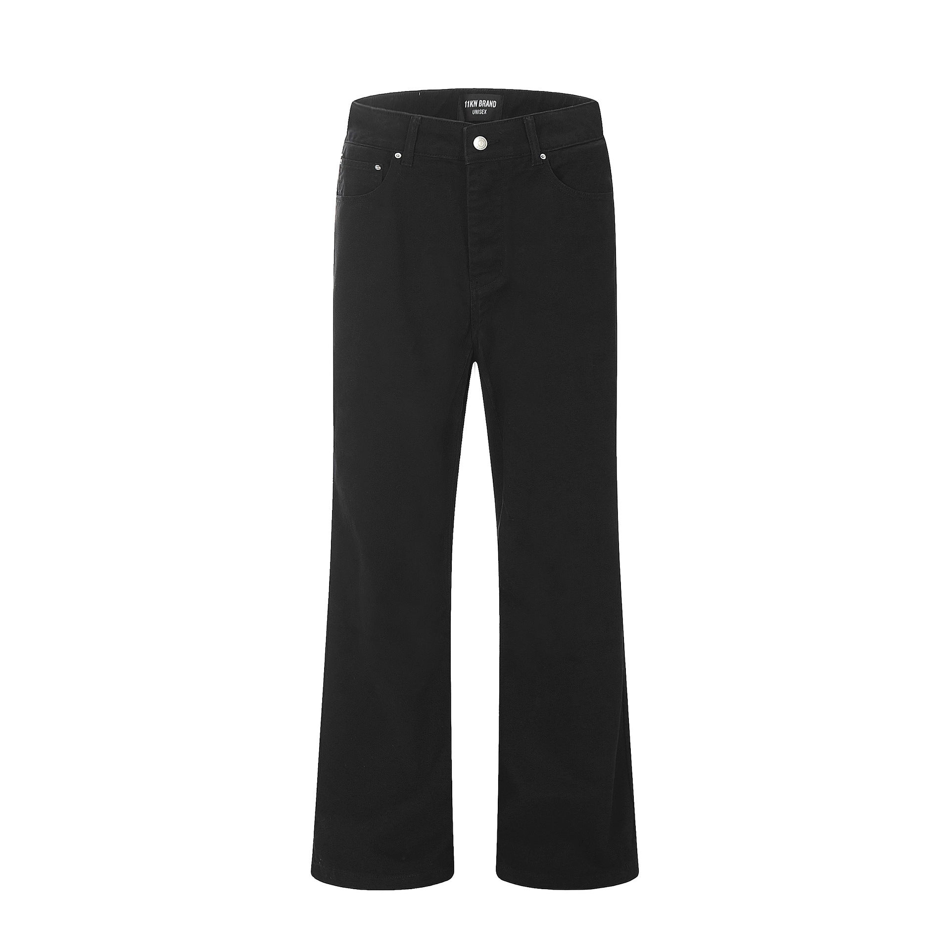 Flat lay of black wide-leg pants from TTSN BRAND featuring classic five-pocket design, silver button closure, and relaxed straight-leg silhouette