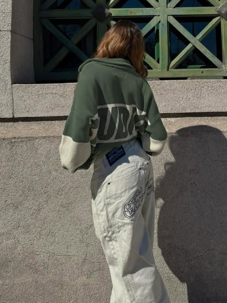 Retro Jacquard Letter Zip Up Sweater – Sporty Colorblock Knit Cardigan