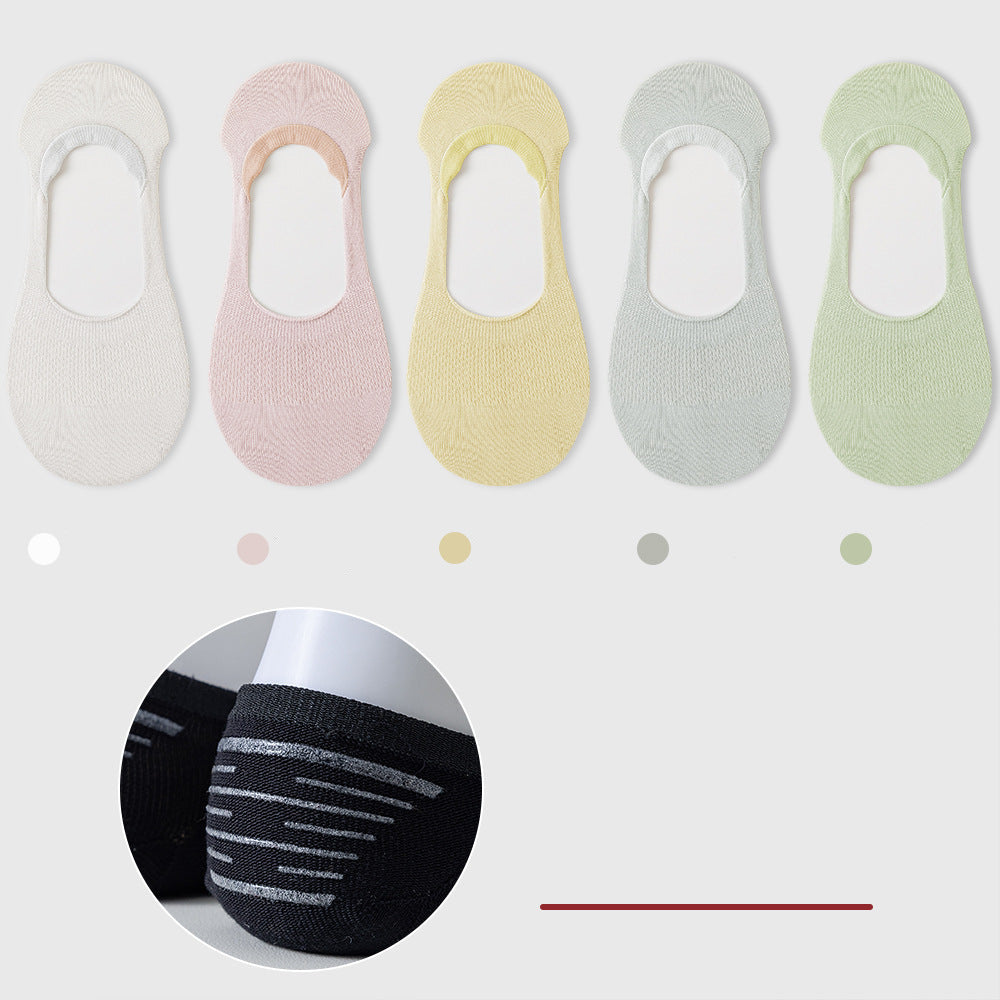 Five no-show socks in pastel colors with matching color dots below and black sock detail inset