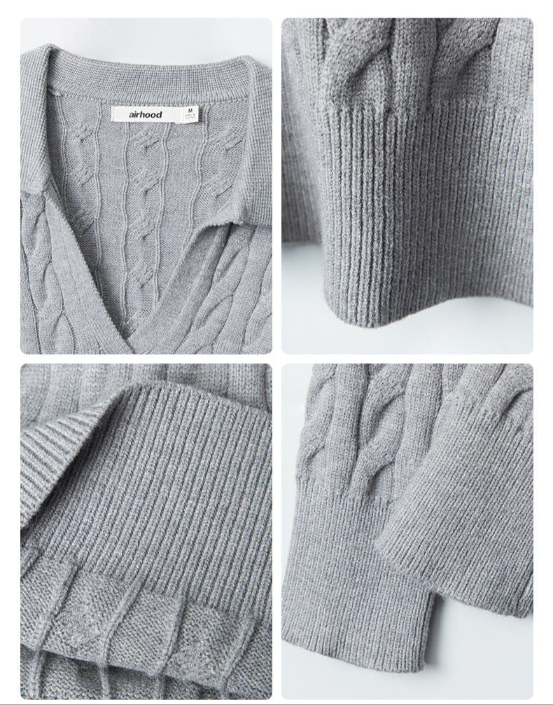 Close-up details of grey sweater showing: Airhood brand label at V-neck, ribbed hem finish, collar construction, and cable knit stitch pattern.