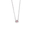 Product photo of silver necklace with cat-shaped pendant and pink crystal against white background