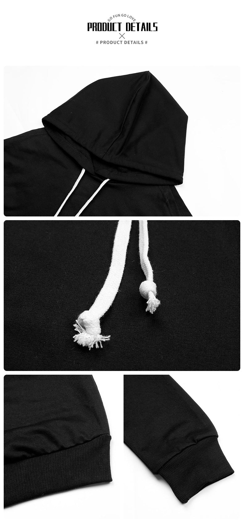 Detailed view of black hoodie dress hood and drawstrings, showing high-quality construction