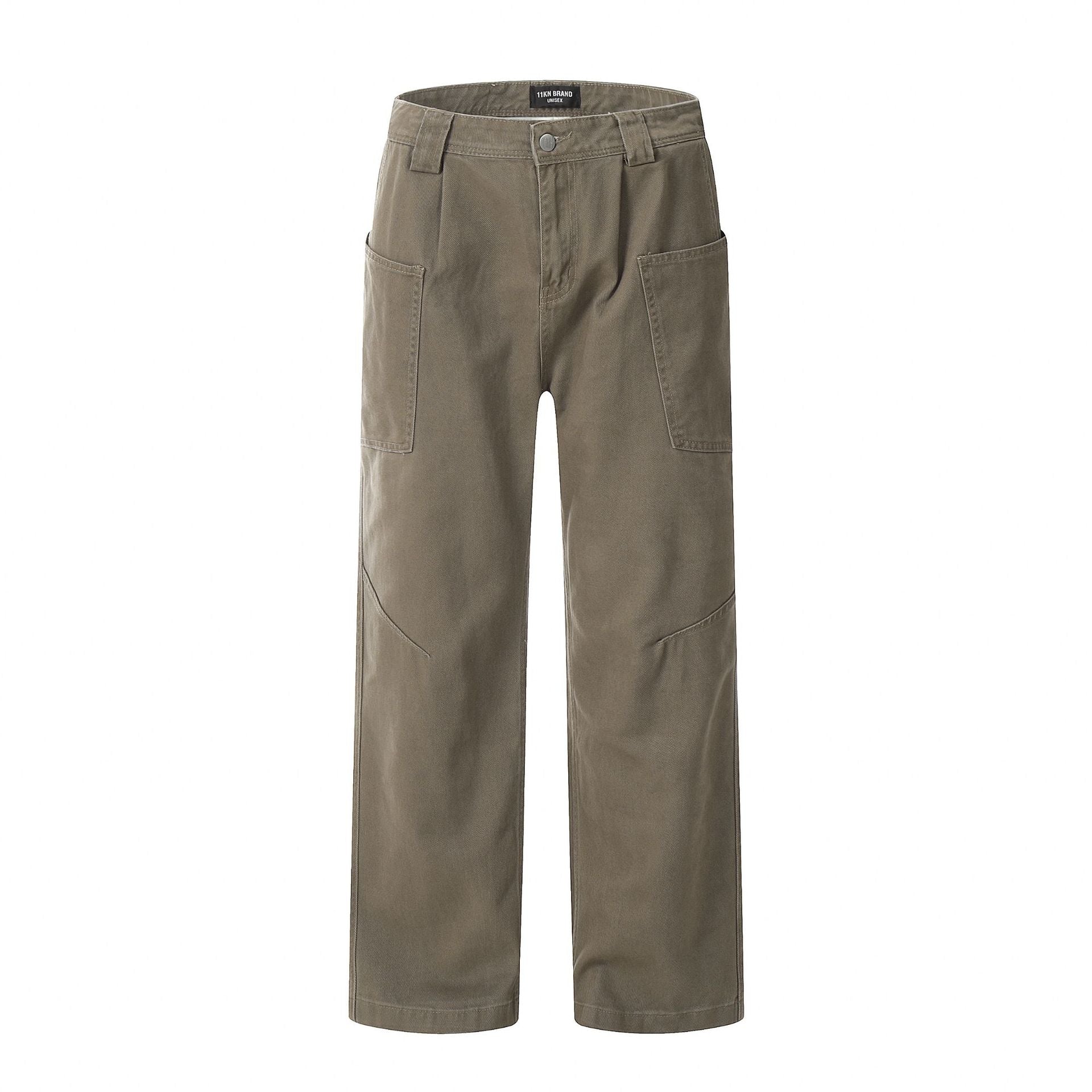 Olive green wide-leg pants with cargo pockets and diagonal seams, flat product shot