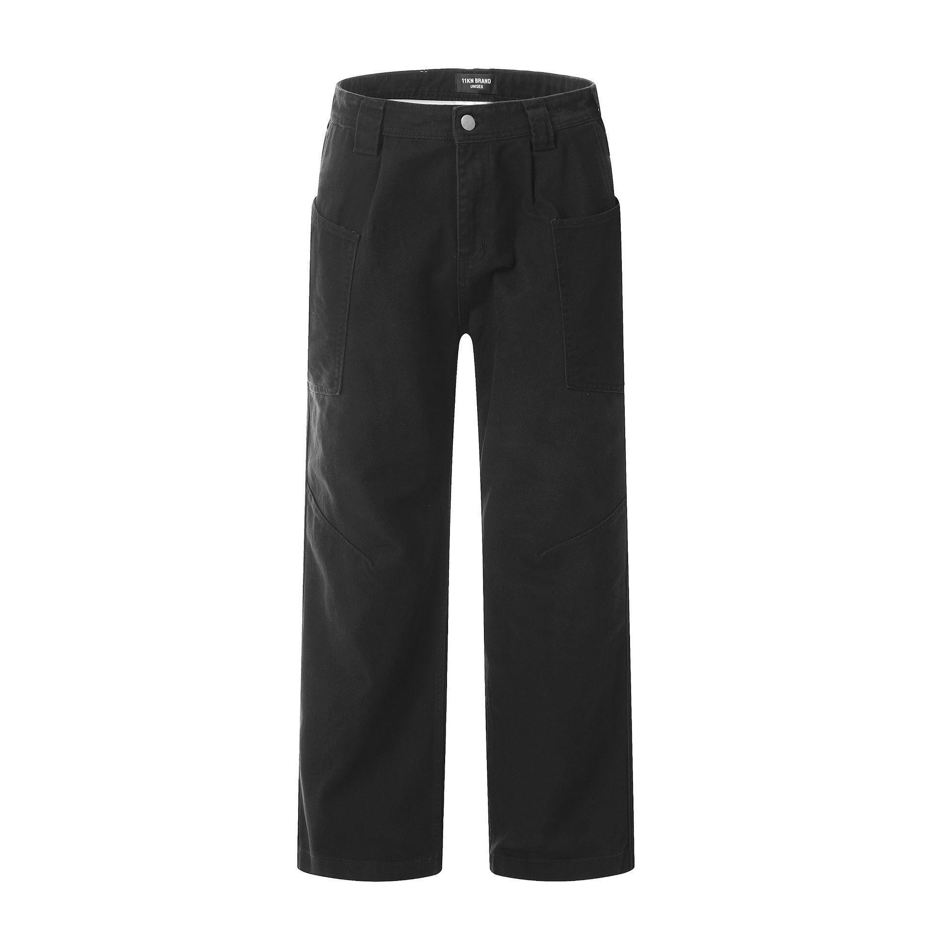 Black wide-leg utility pants with side pockets and paneled design, product photo