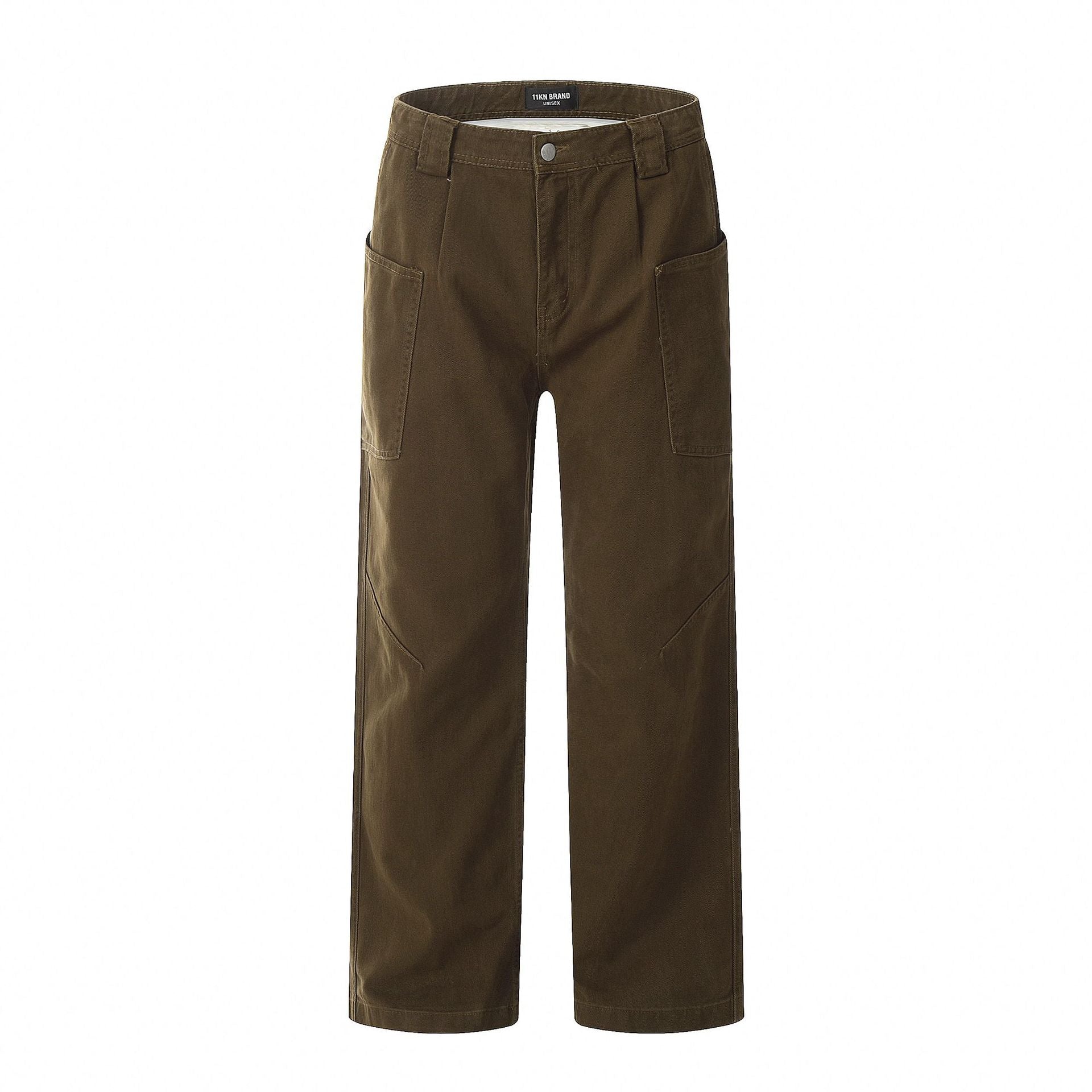 Brown wide-leg cargo pants with utility pockets and angular seams, full product view