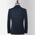 A navy wool blazer shown from back view on mannequin form. Tailored fit with center vent and four-button sleeve detail visible