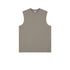 Taupe/warm gray sleeveless muscle tee with crew neck displayed flat on white background