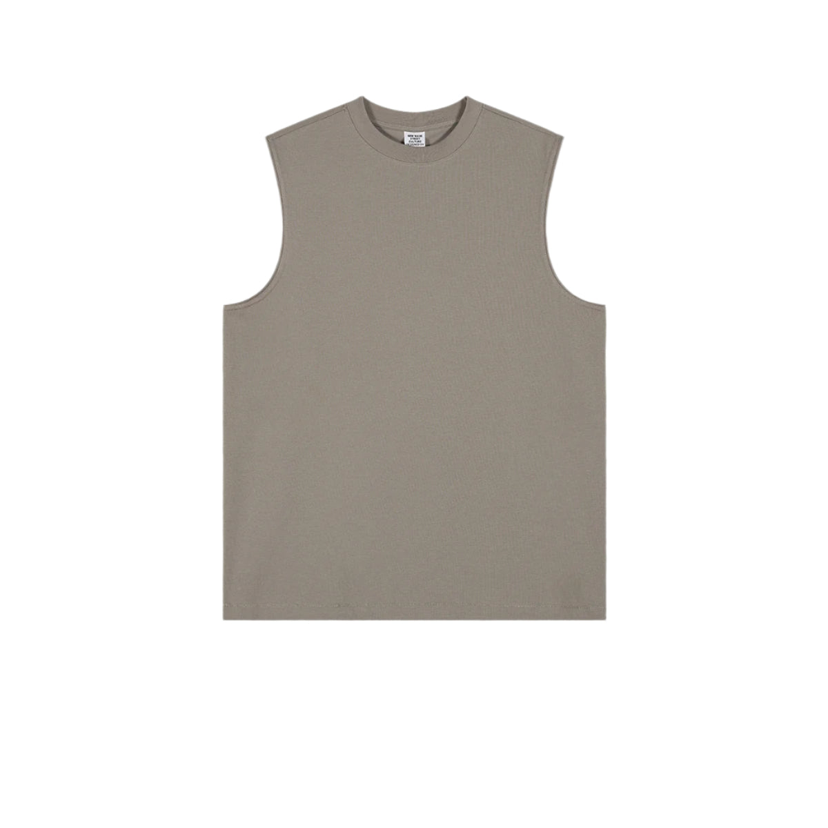 Taupe/warm gray sleeveless muscle tee with crew neck displayed flat on white background