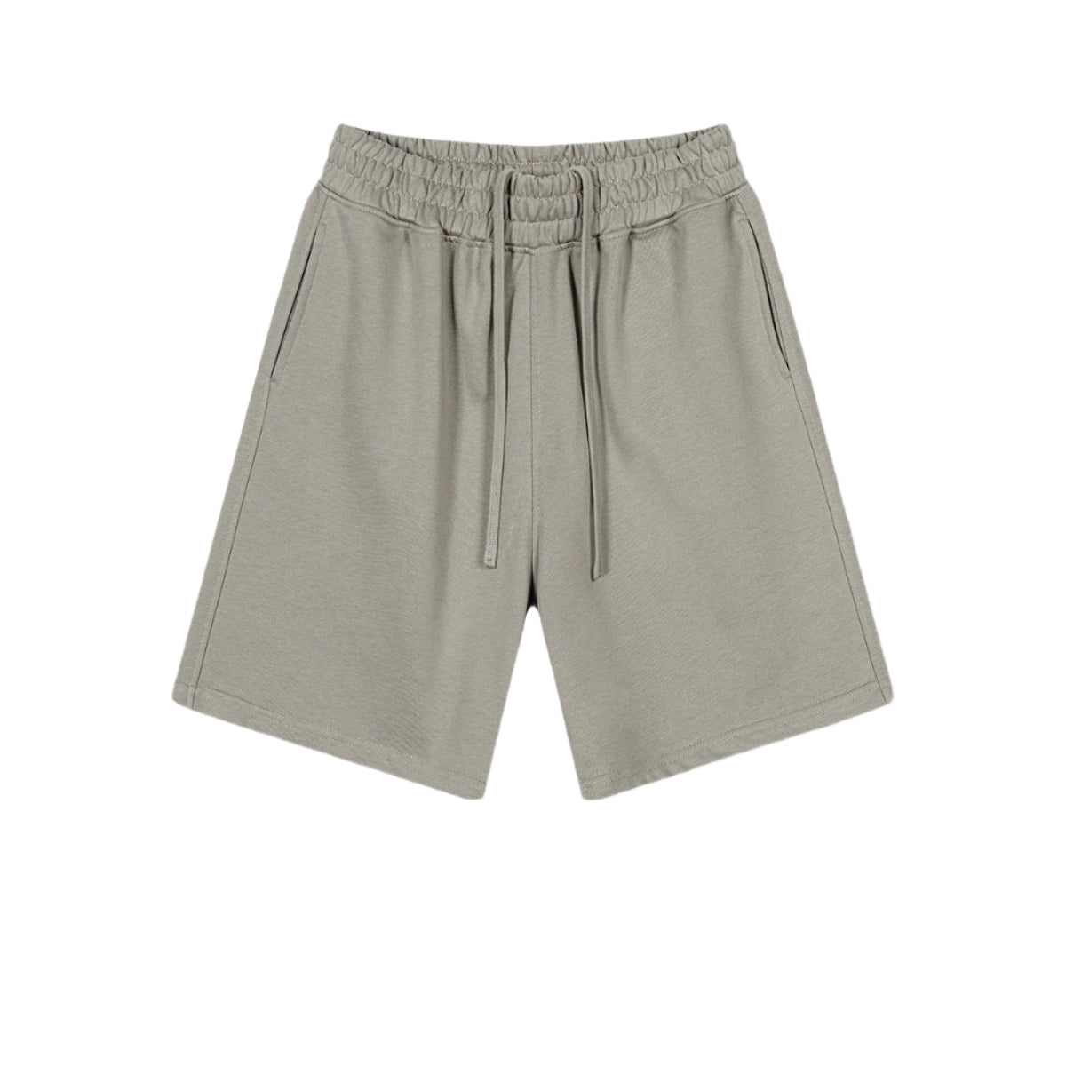 Light gray cotton shorts with elastic shirred waistband and matching drawstring, shown against white background