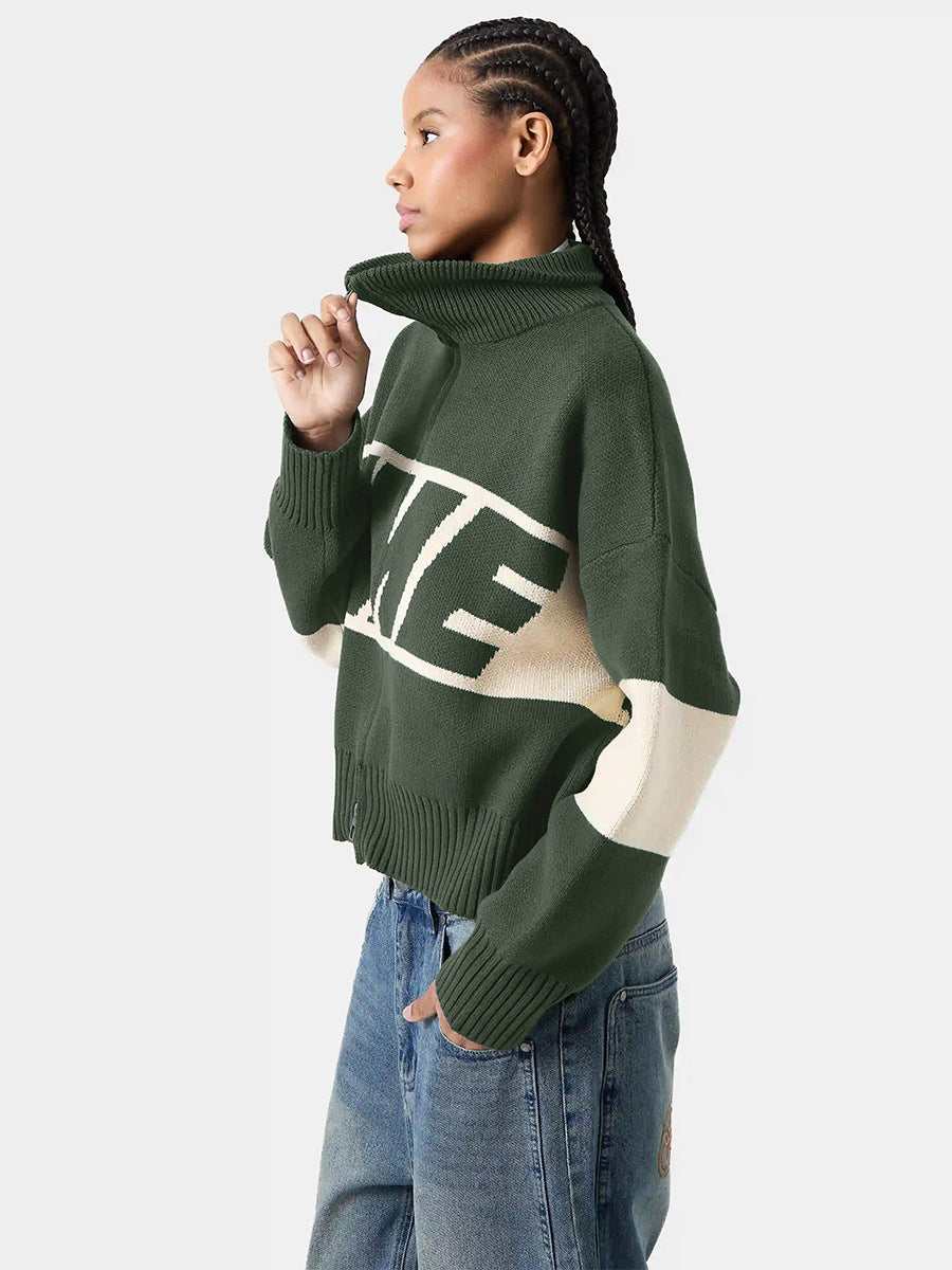 Retro Jacquard Letter Zip Up Sweater – Sporty Colorblock Knit Cardigan