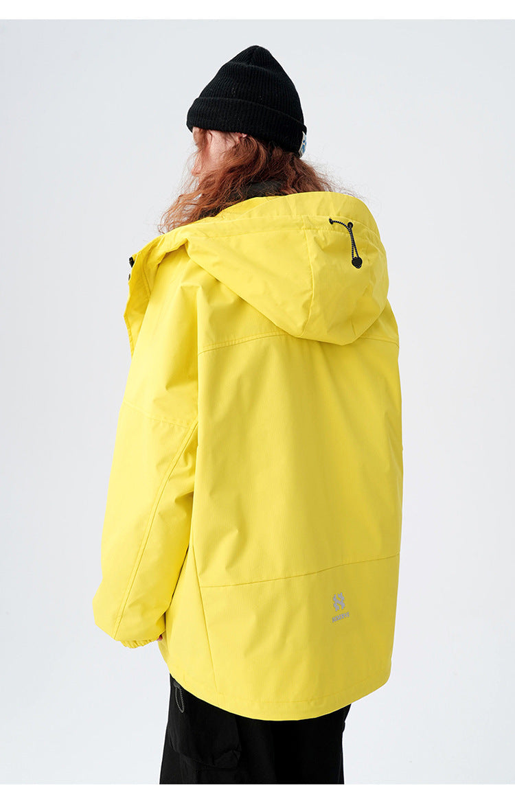 Back view of yellow technical jacket showing hood drawstring detail and brand logo placement