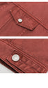 Crisp white denim jacket with silver buttons and dual chest pockets displayed flat against white background