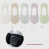 Five no-show socks arranged horizontally: white, cream, gray, mint, lavender, with grip detail photo
