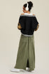 Back view of black varsity jacket with tan camouflage sleeves and white stripe detailing