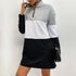 Quarter-zip color-block sweatshirt dress, gray white black, with black handbag
