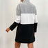 Back view of color-block sweatshirt dress with half-zip detail