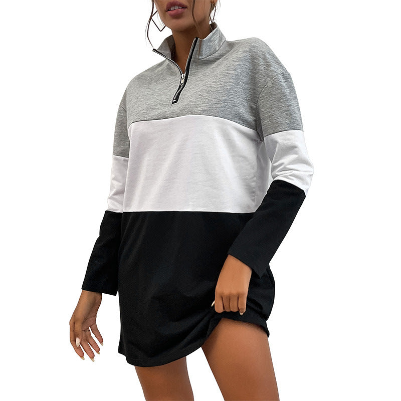 Quarter-zip color-block sweatshirt dress, black and white design