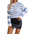 Front view of blue and white striped knit sweater with crew neckline